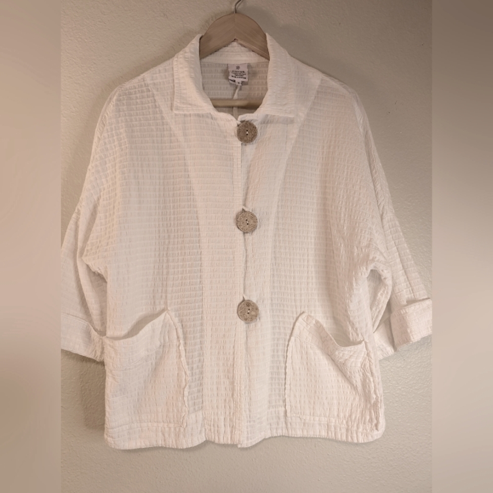 Focus Casual Lifestyle White Waffle Jacket Oversized Size Small 100% Cotton